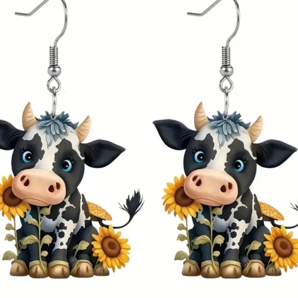 New 2d women's cow farm sunflower acrylic country dangling earrings